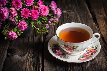 Wall Mural - Close-up of a tea cup with flowers on the wooden table, rustic dark background with copy space, elegant tea setting concept.