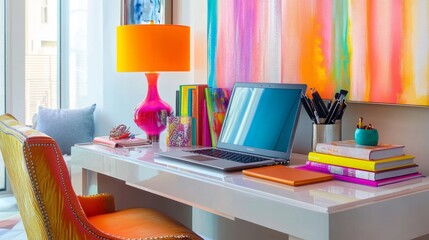 Poster - Stylish home office with a laptop, vibrant books, and a desk lamp with colorful accents, blending function with flair