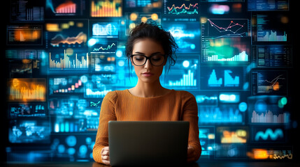A woman wearing glasses who works in the marketing department of a company.