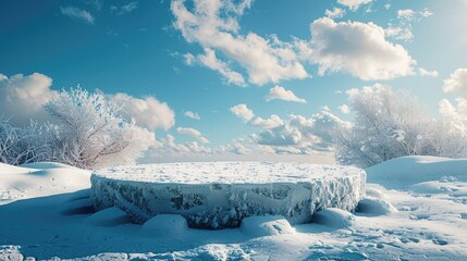 Snowy winter landscape with icy platform.