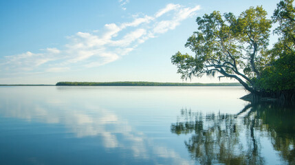 Wall Mural - Tranquil coastal scene with a solitary tree reflecting on calm water under a bright blue sky.