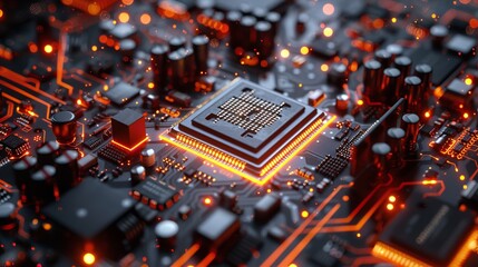 Poster - A close up of a computer chip with a bright orange glow, Technology Background.
