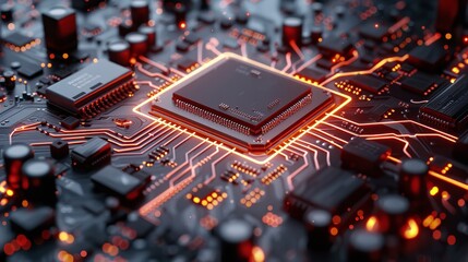 Poster - A close up of a computer chip with a bright orange glow, Technology Background.