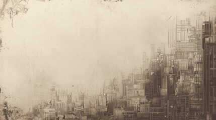 Abstract urban cityscape with detailed architectural sketches and textured vintage background