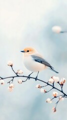 Naklejka na meble A delicate bird perched on a branch with soft blossoms, set against a serene, blurred background, evoking a tranquil spring ambiance.