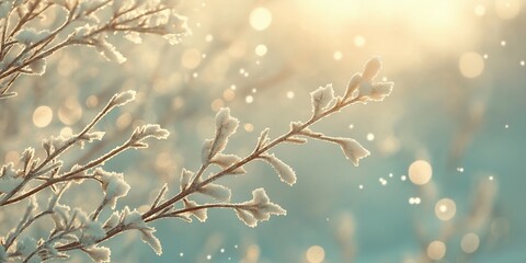 Wall Mural - delicate branches adorned with soft snowflakes illuminated by warm sunlight at dawn