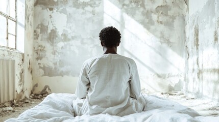 Poster - A person sits quietly on a bed in a spacious, sunlit room with weathered walls. The sunlight streams through large windows, casting soft shadows, creating an atmosphere of tranquility and reflection