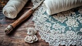 International Tatting Day Delicate lace making with wooden handled tool and white yarn on rustic table