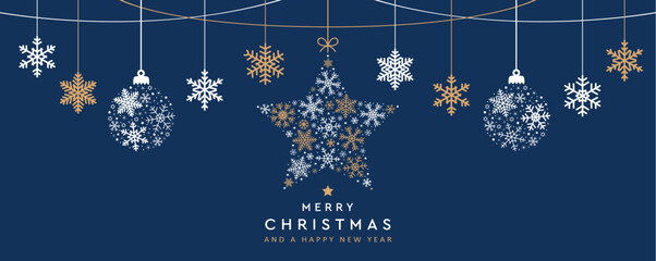 Wall Mural - christmas greeting card with hanging snowflake decoration vector illustration