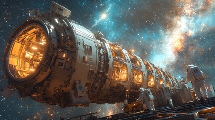 Poster - Astronauts conducting scientific experiments aboard a space station in a cosmic environment