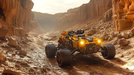 Wall Mural - martian rover explores deep canyon terrain in high-definition clarity