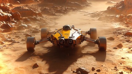 Poster - Martian drone explores the rugged surface of Mars under a hazy sky at sunset