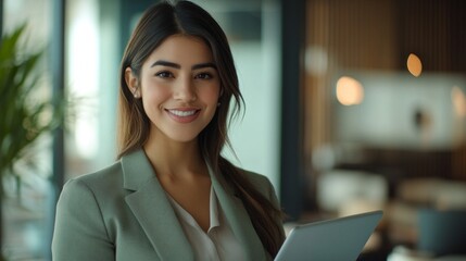 Poster - A young woman stands confidently in a sleek office, holding a digital tablet while engaging with her surroundings. Soft natural light highlights her professionalism and poise