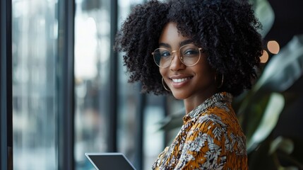 Poster - A cheerful businesswoman stands confidently in a modern office space, engaging with her digital device while surrounded by lush plants and large windows that fill the room with sunlight