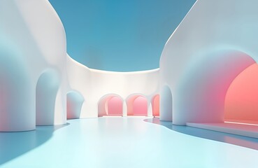 Aufkleber - Empty modern architecture interior. Curved white walls create a futuristic space. Light pink and blue sky creates a calm and trendy atmosphere. Abstract design with arches and a smooth floor.