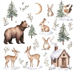  Collection of adorable watercolor polar bears, deer, fawns, and hares.