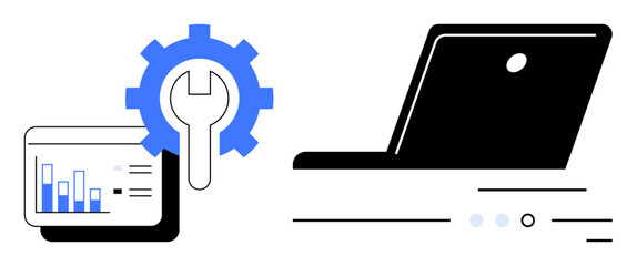 Laptop with line details adjacent to a graph display adorned with a blue gear and wrench. Ideal for tech support, data analysis, software development, business analytics, IT services, engineering