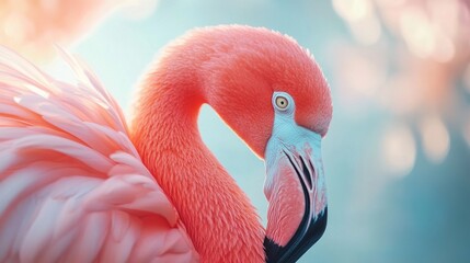 Poster - A striking portrait captures the elegance of a flamingo standing gracefully by a serene lagoon. Soft sunlight illuminates its vivid pink feathers, enhancing its beauty during the golden hour
