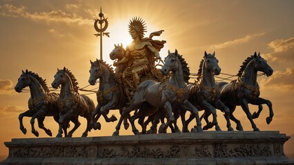 statue of helios, the sun god, driving a four-horse chariot, with a backdrop of a golden sunrise, ca
