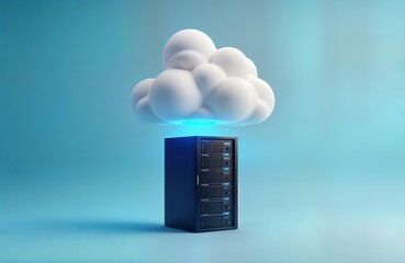 Fototapete - Cloud storage tech concept. White cloud floats above dark datacenter server rack. Blue background. Modern tech illustration. Virtual data storage system. Secure data access. Future tech trend.