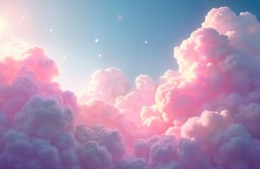 Poster - Pink, purple fluffy clouds fill sky. Soft light touches clouds. Clouds in beautiful landscape. Perfect dreamy background for website, magazine, presentation marketing material. Evokes sense of