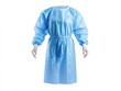 © Maryna - Blue disposable medical gown with long sleeves, ties. Protective clothing for health care professionals. Healthcare worker wears protective garment. Safety equipment for sterile environments. Hygiene