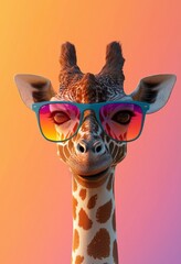 Wall Mural - A chic anthropomorphic depiction of a pet giraffe donning trendy clothes and summer glasses, featuring vibrant pastel hues with an emphasis on ultralight and baby pink.