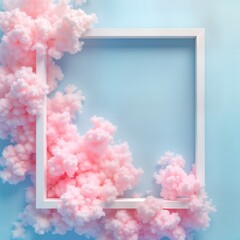 Poster - Pastel pink abstract clouds surround white frame on light blue background. Minimalist style design. Soft pink cloudscape creates dreamy atmosphere. Blank space within frame suggests creativity new