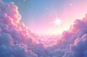 Poster - Fluffy pink, purple clouds fill sky. Soft pastel colors create dreamy atmosphere. Stars twinkle in pale blue sky above. Perfect for websites magazines related to fantasy, dreams, baby products.