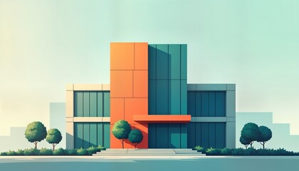 Poster - Modern office building exterior. Sleek design. Colorful facade. Daytime scene. No people. Urban landscape. Trees, landscaping. Tranquil atmosphere. Built structure. Minimalist art. Architectural