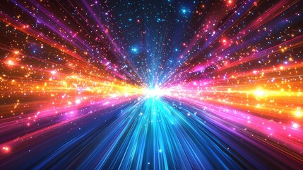 Poster - A modern illustration featuring neon pink, blue, purple, and white rays in a circular motion, creating a space route perspective, with a magical superpower flash and an explosion energy effect.