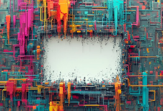 Colorful abstract patterns intersecting with an empty central frame in digital art