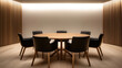 © Sunday Cat Studio - A modern conference room featuring a round wooden table and stylish black chairs, perfect for meetings and discussions.