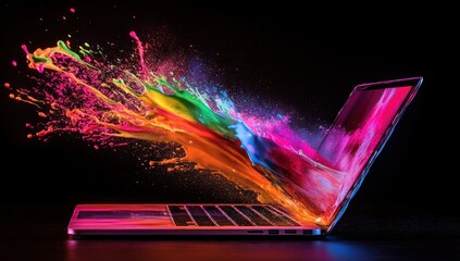 Poster - Laptop with Splashing Colorful Paint