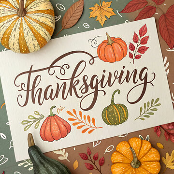 Warm Thanksgiving Blessings with Elegant Calligraphy and Vibrant Fall Pumpkins and Gourds
