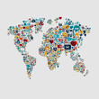 © sun - Colorful World Map Made of Various Icons Representing Communication, Technology, Travel, Health, and Social Media Interconnected Globally
