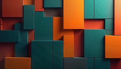 Aufkleber - Colorful blocks form abstract wall pattern. Geometric shapes create dynamic visual design. Arrangement of blocks creates interesting depth, perspective. Vibrant colors orange teal, brown make