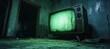 © Hero Design - Green blank display television TV on dark horror room at night. Generative AI technology.