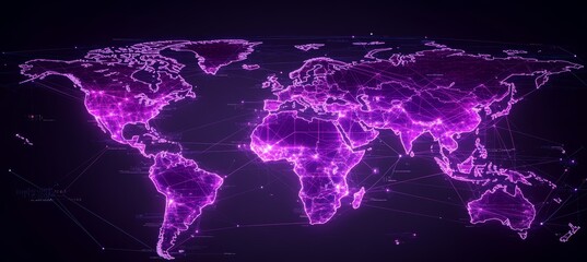 Fototapete - Neon purple light earth world map. Global earth atlas. Generative AI technology.