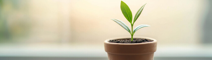 Wall Mural - Growing plant in pot with fresh soil, symbolizing new beginnings