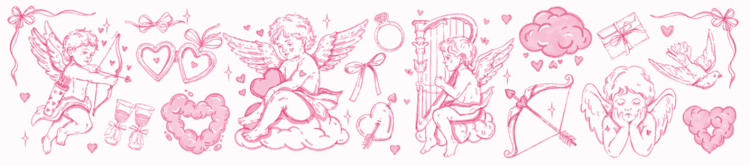 Wall Mural - Valentine Day cherub doodle set, vector hand drawn love collection, cute cartoon cupid harp heart. Pink watercolor romantic coquettish scribble, ribbon bow arrow baby angel. Whimsical Valentine doodle