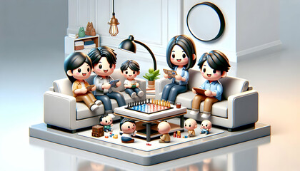 Sticker - 3D Family playing board games in the living room candid shot with copy space concept as A candid image of a family playing board games in the living room. The relaxed fun and competitive environment i