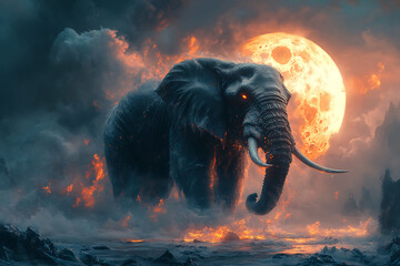 Wall Mural - a mystical elephant stands against a fiery backdrop under a large moon.
