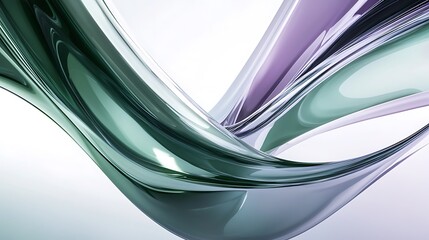 Poster - A dynamic abstract design with green and white curved lines, a glass-like texture illuminated by light effects, and a soft purple gradient flowing through 