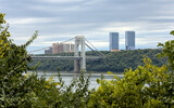 view of george washington bridge (gwb) cloudy day with hudson river and fort lee new jersey towers in background (palisades york manhattan city) fort tryon park scenic overlook travel tourism public
