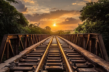 Wall Mural - Sunset view over railway tracks in a lush landscape