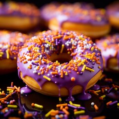 Wall Mural - Donuts doughnuts with bright yellow purple sugar sprinkles on dark background. Colorful carnival or mardi grass card. Happy National donut day Concept