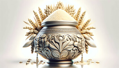 3D Glossy Pongal Traditional Pot concept as Glossy background featuring a traditional Pongal pot overflowing with rice symbolizing abundance and gratitude with ample copy space. as 3D Icon isolated wh