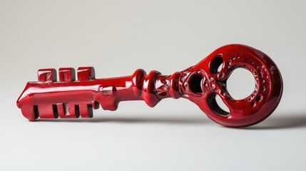 Wall Mural - A bold red antique key with unique features, photographed against a clean white surface for timeless appeal