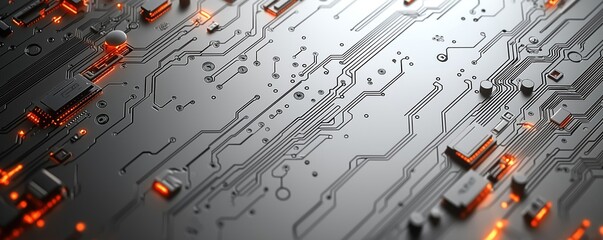 Poster - Abstract tech design. Circuit board pattern. Grey background. Modern graphic. Minimalist style. Dynamic visual. Future technology concept. Stylish artwork. Ample space for text. Ideal tech